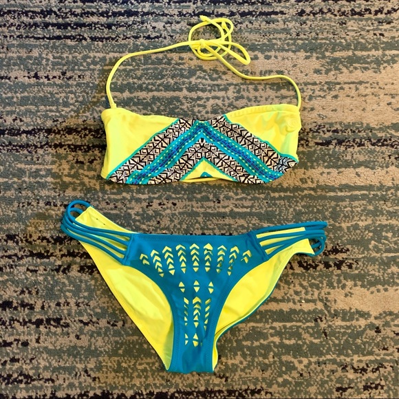 Blue and Neon Yellow Strappy Rip Curl Bikini, Sz M - Picture 6 of 13